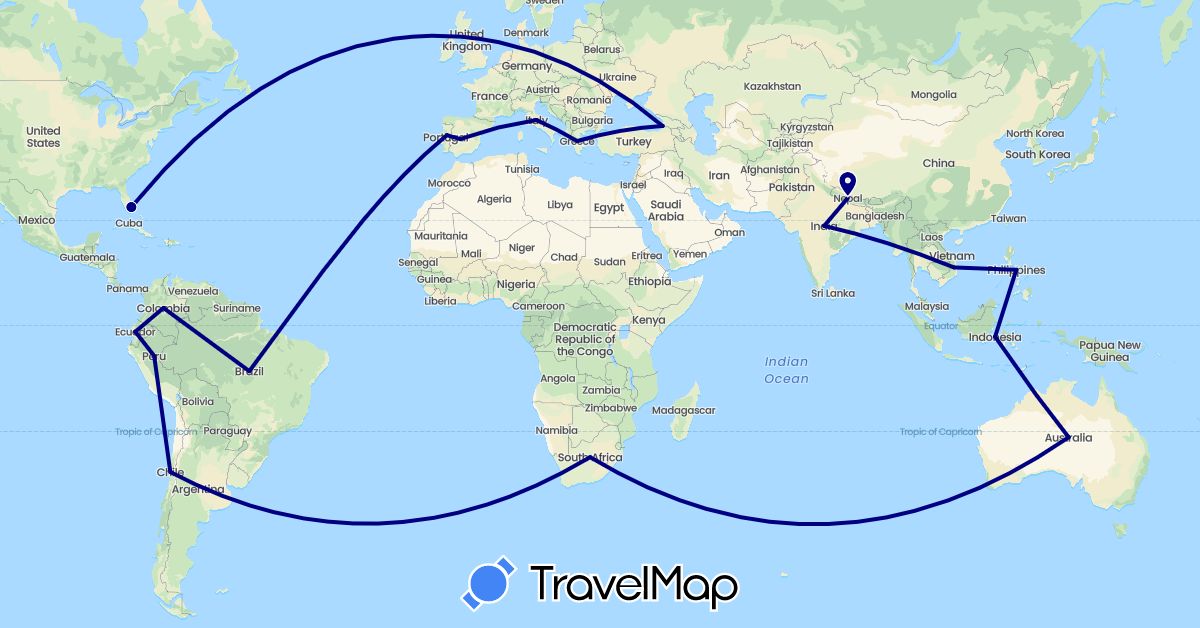 TravelMap itinerary: driving in Australia, Brazil, Chile, Colombia, Ecuador, Spain, Georgia, Greece, Indonesia, India, Italy, Nepal, Peru, Philippines, Portugal, United States, Vietnam, South Africa (Africa, Asia, Europe, North America, Oceania, South America)